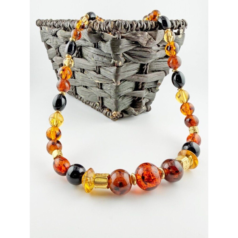 Liz Claiborne Statement Necklace | Amber & Black Resin Bead with Gold Crest